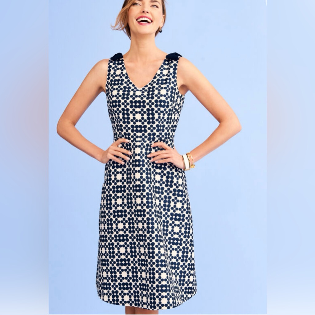 Rsvp By Talbots Navy Blue & White Jacquard Daisy-Print Fit & Flare Dress Size 8
